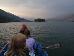 Paddling toward Temple Island in Pokhara.