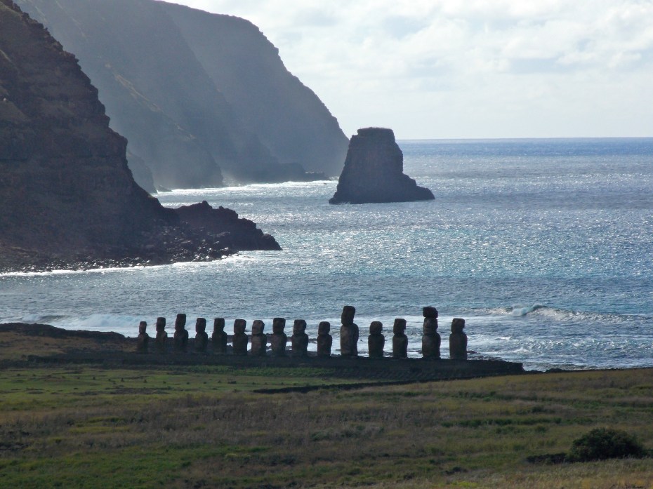 The Ahu Tongariki shrine, from the Moai quarry several miles away.
